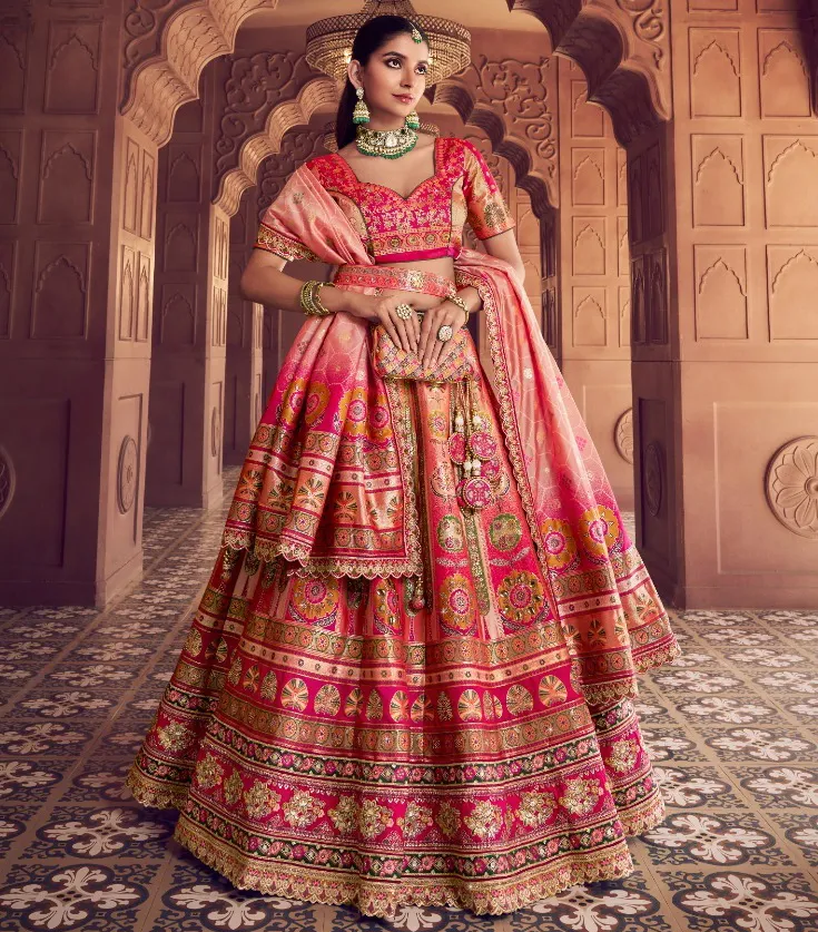 Pink And Red Banarasi Premium Silk Swarovski Work Lehenga