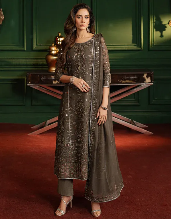 Brown Heavy Faux Georgette Khatli Work Pakistani Suit