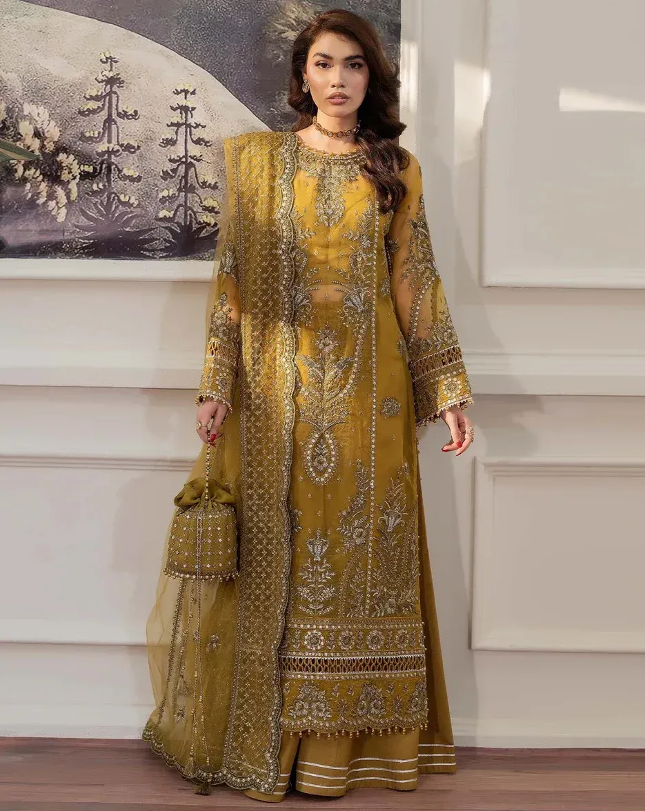 Yellow Heavy Faux Georgette Khatli Work Pakistani Suit