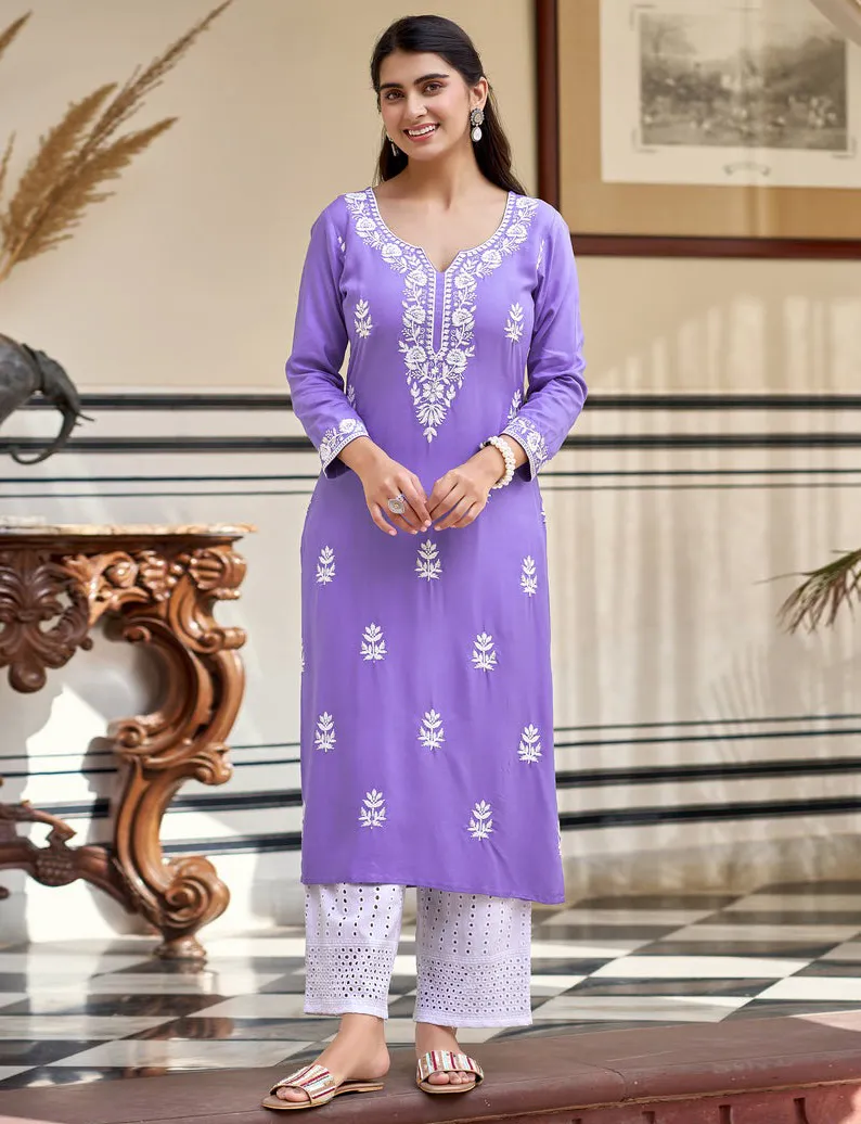 Purple Pure Viscose Rayon Embroidered Kurti With Plazzo