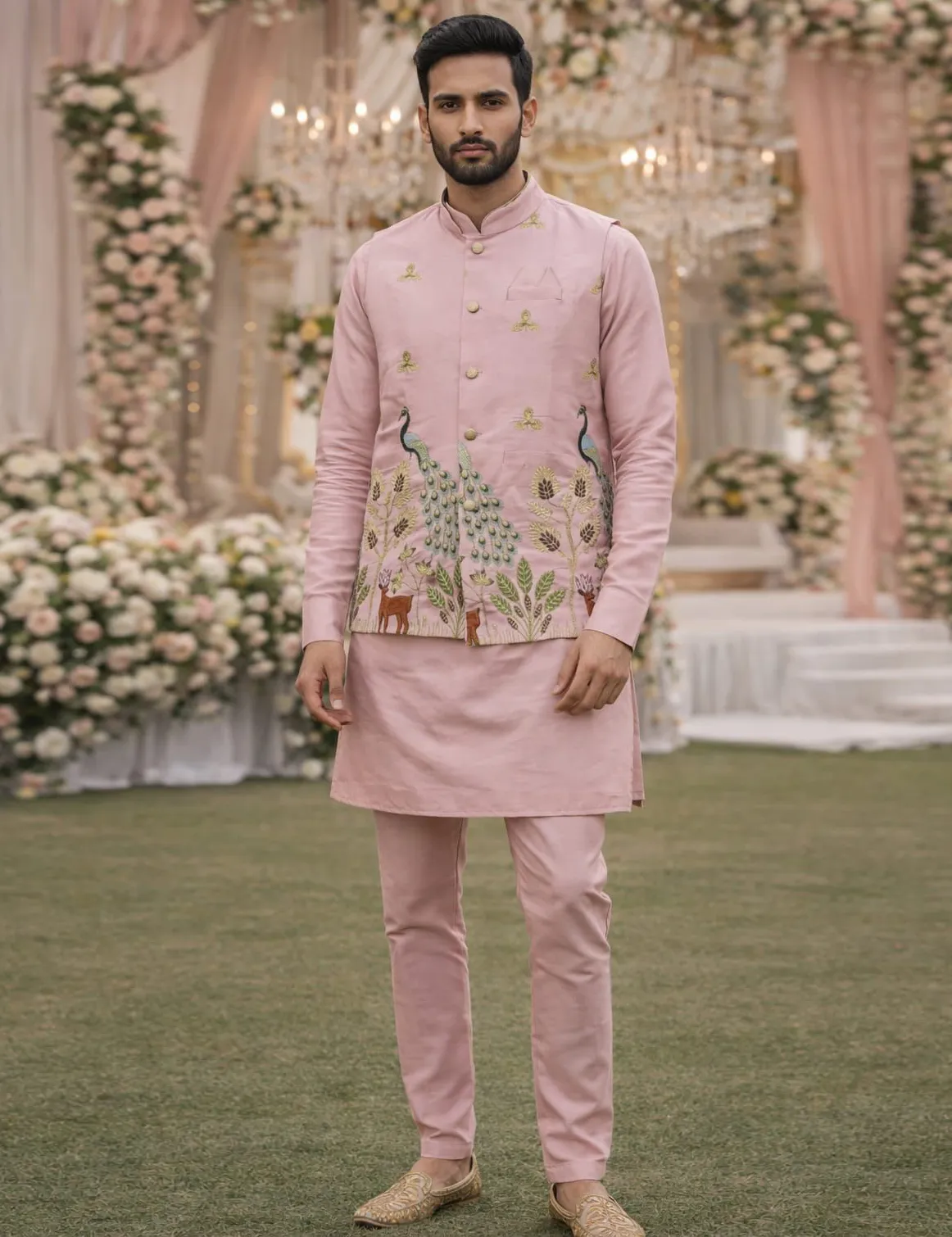 Pink Premium Satin Embroidered Men's Waistcoat Set