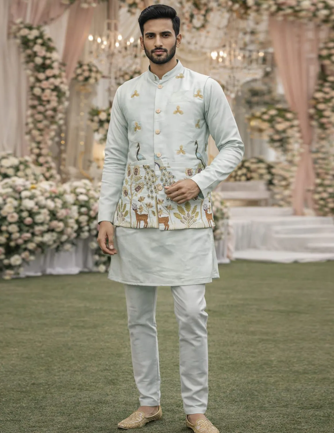 Off White Premium Satin Embroidered Men's Waistcoat Set