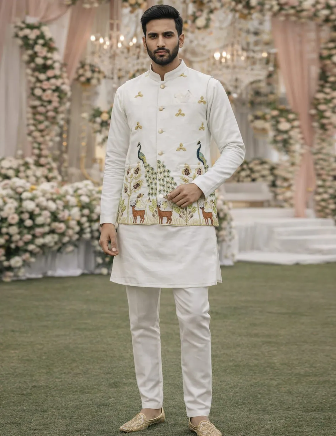 White Premium Satin Embroidered Men's Waistcoat Set