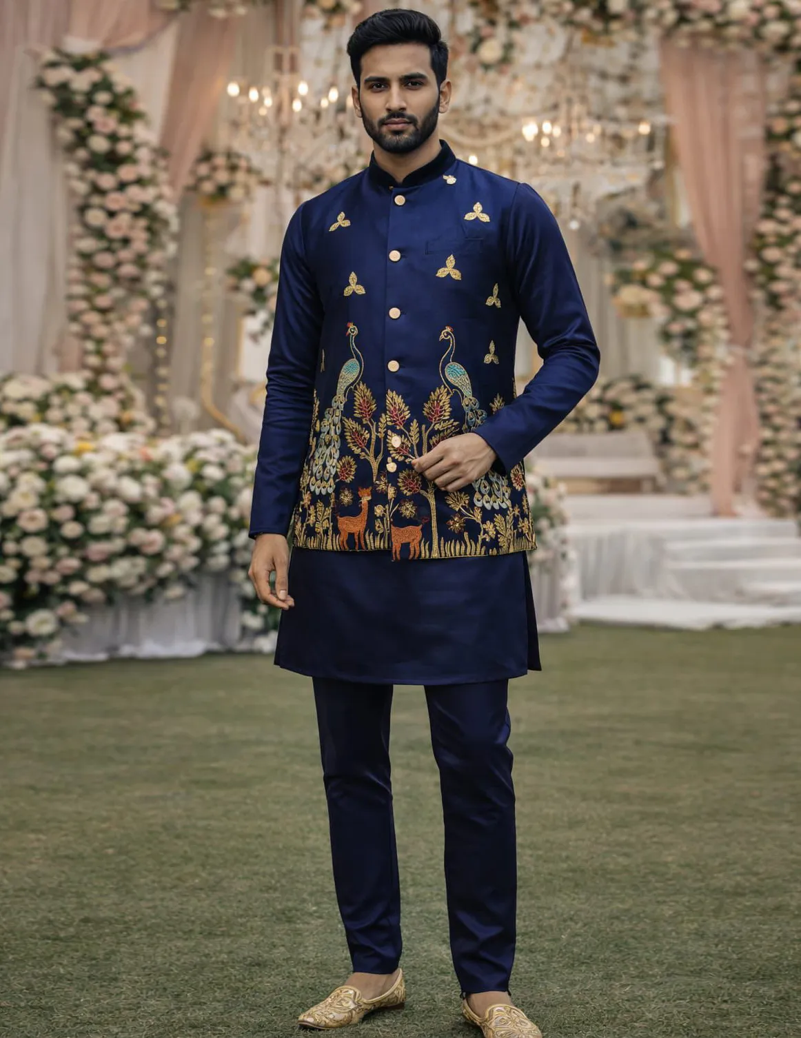 Navy Blue Premium Satin Embroidered Men's Waistcoat Set