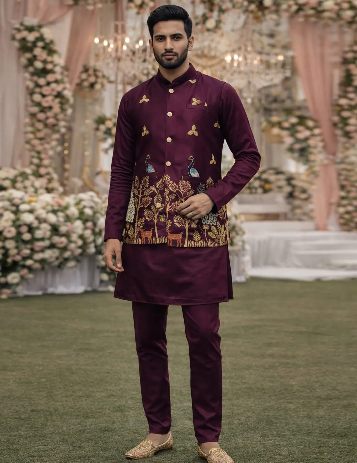 Wine Premium Satin Embroidered Men's Waistcoat Set