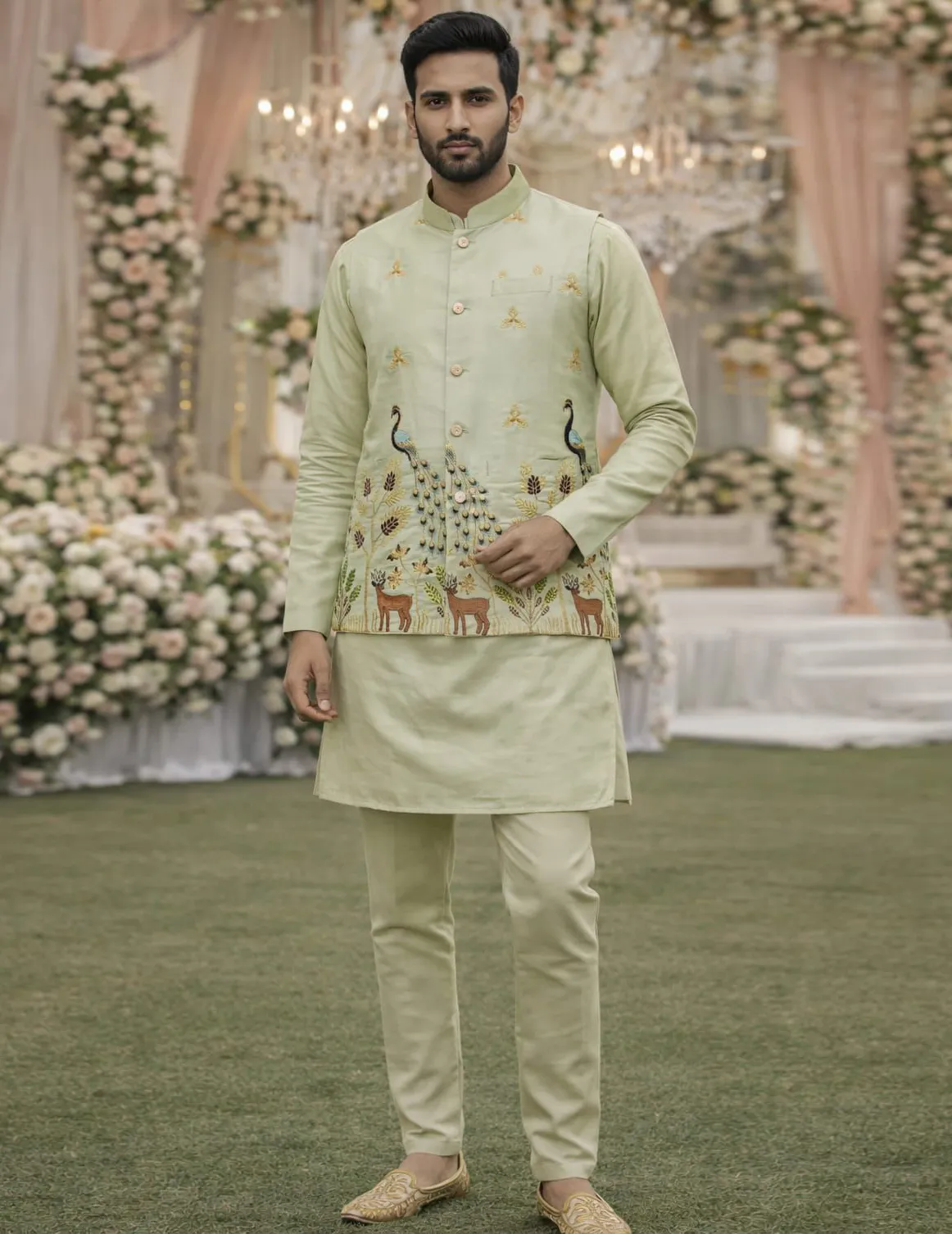 Mint Green Premium Satin Embroidered Men's Waistcoat Set