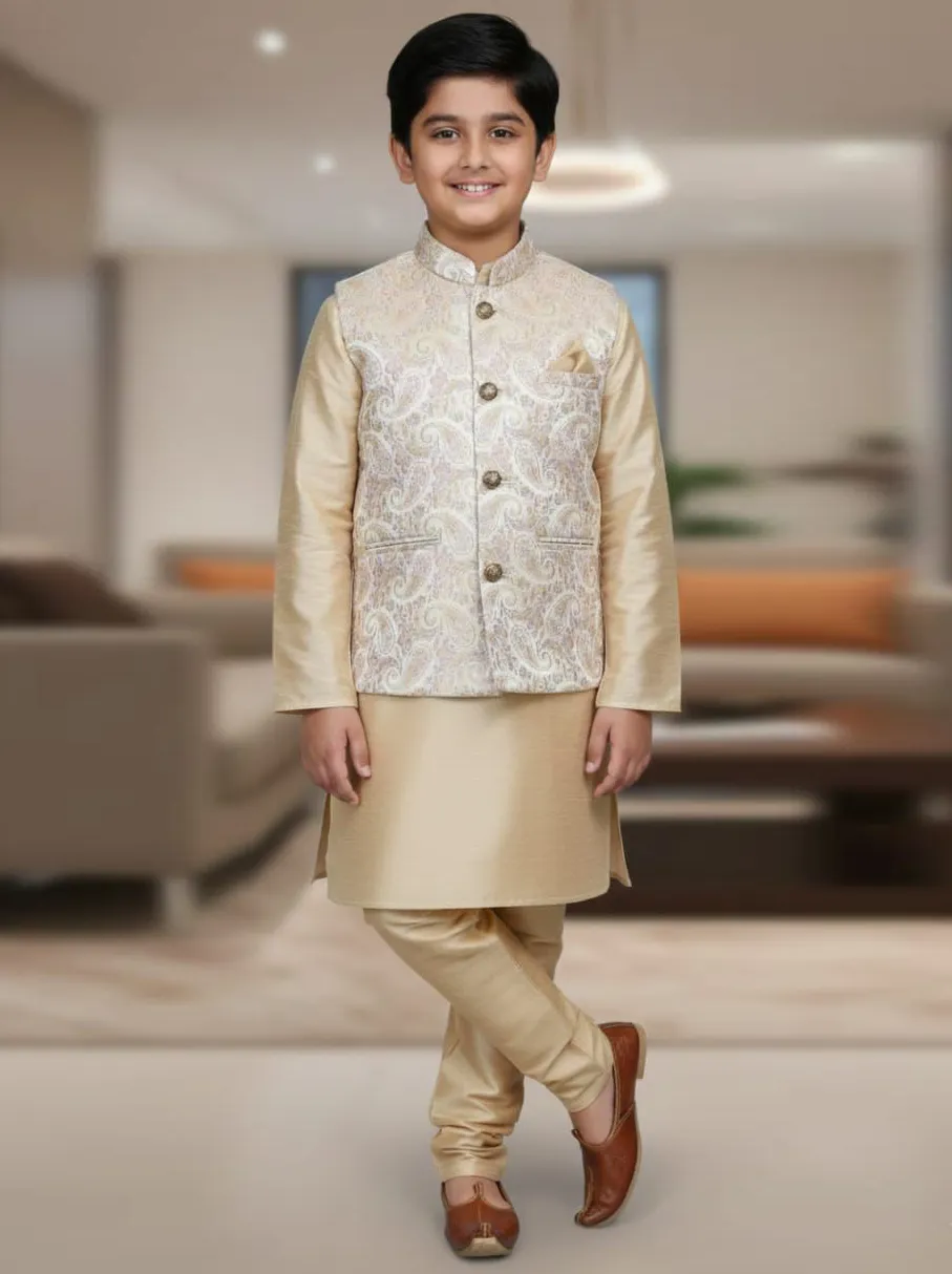 Beige Silk Kid's Kurta Pajama With Heavy Jacquard Waistcoat Set