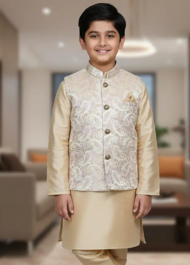 Beige Silk Kid's Kurta Pajama With Heavy Jacquard Waistcoat Set - Image 2