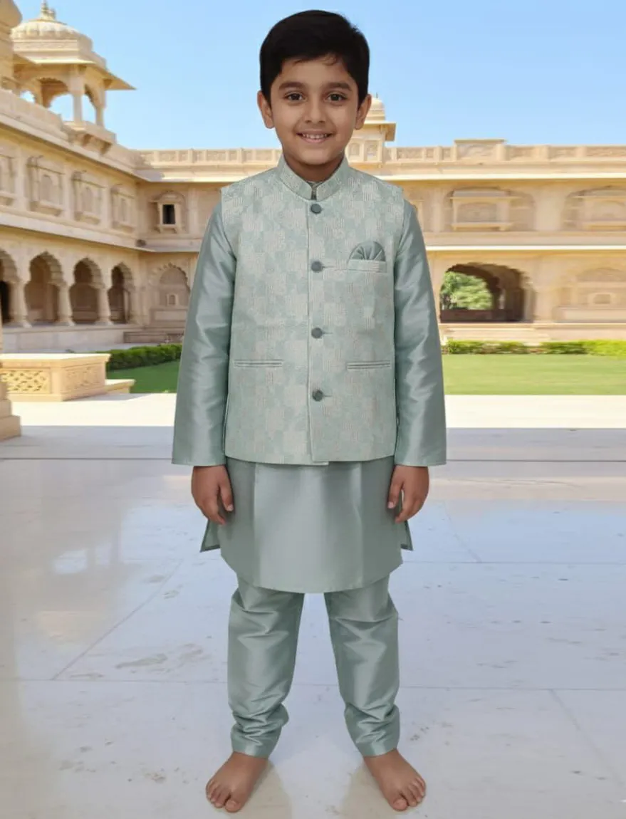 Sage Green Silk Kid's Kurta Pajama With Heavy Jacquard Waistcoat Set