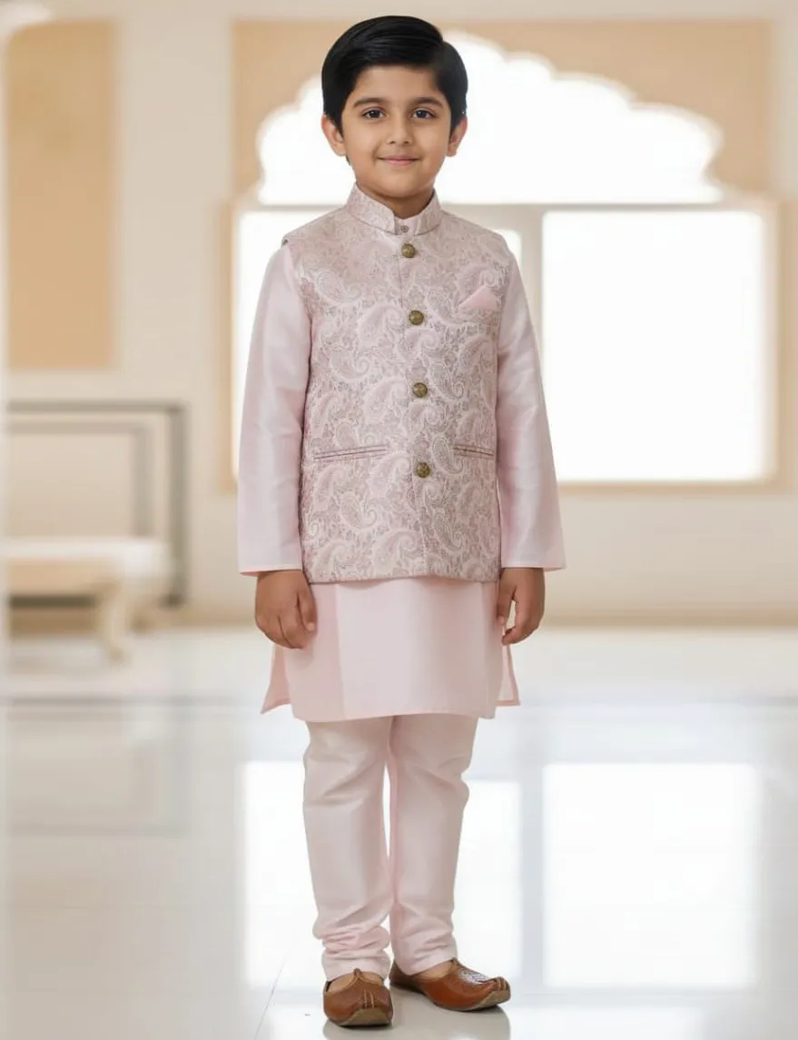 Light Pink Silk Kid's Kurta Pajama With Heavy Jacquard Waistcoat Set