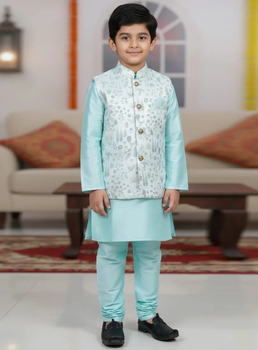 Sky Blue Silk Kid's Kurta Pajama With Heavy Jacquard Waistcoat Set