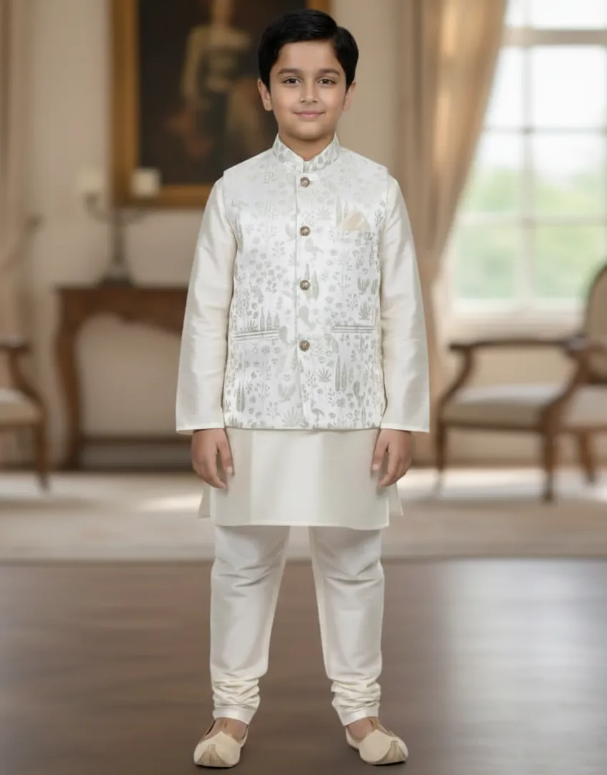Cream Silk Kid's Kurta Pajama With Heavy Jacquard Waistcoat Set