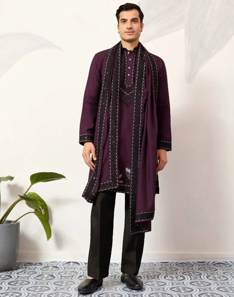 Wine Viscose Silk Embroidered Men's Kurta Pant With Dupatta