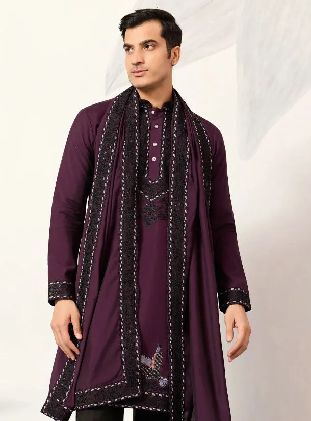 Wine Viscose Silk Embroidered Men's Kurta Pant With Dupatta - Image 4