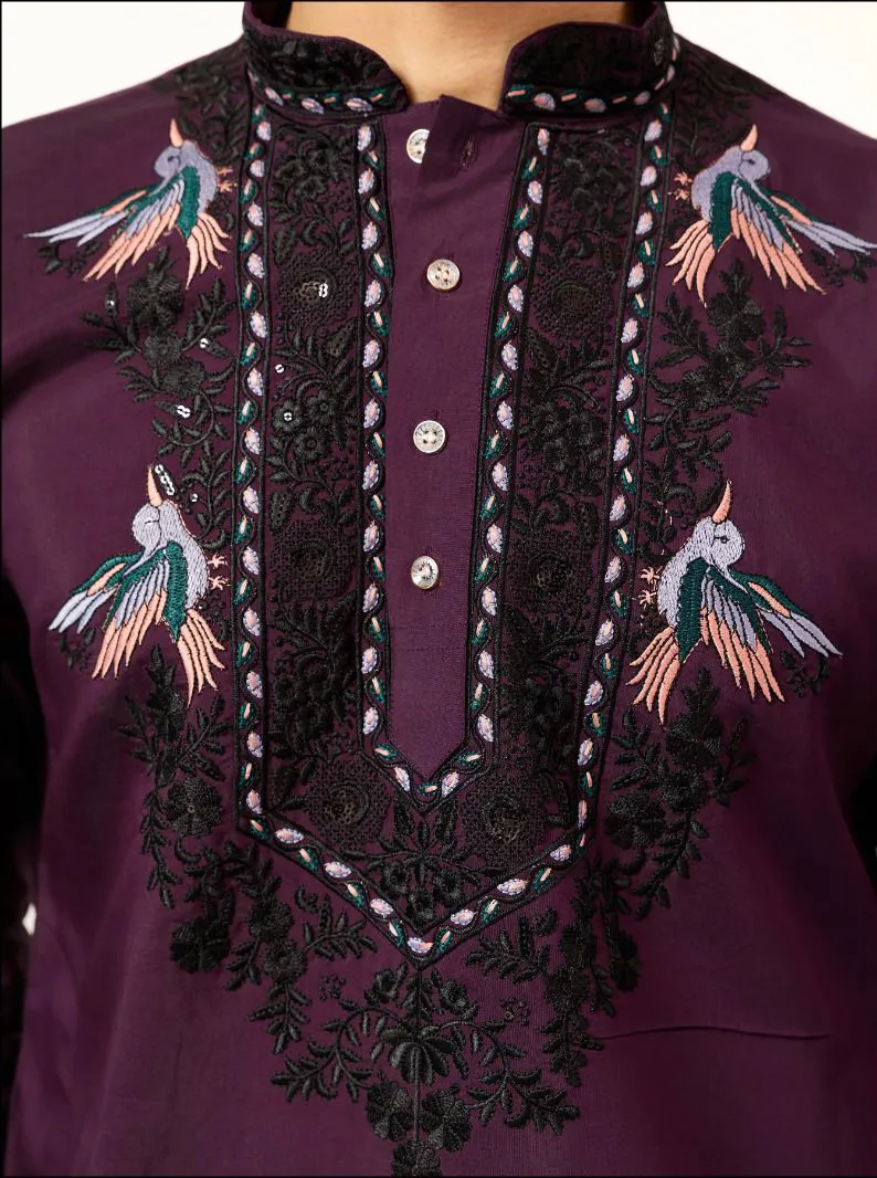 Wine Viscose Silk Embroidered Men's Kurta Pant With Dupatta - Image 6