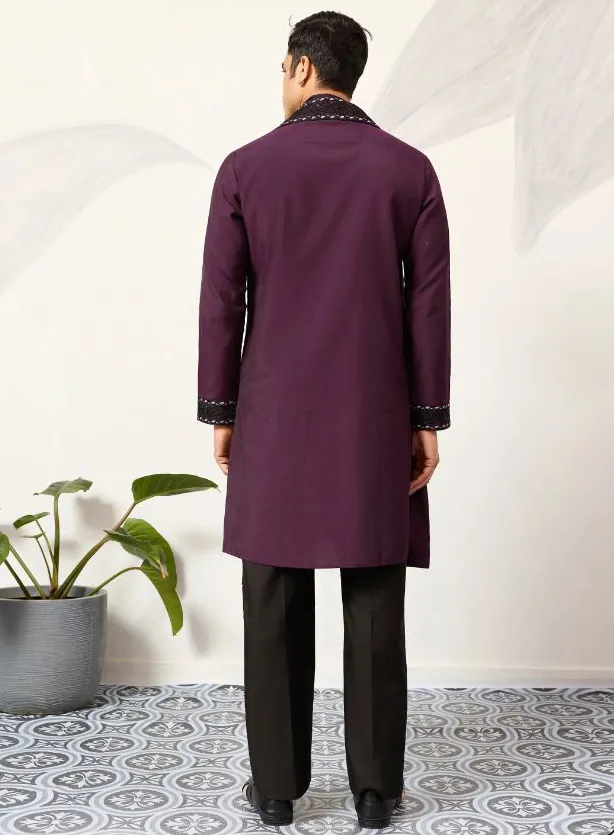 Wine Viscose Silk Embroidered Men's Kurta Pant With Dupatta - Image 3