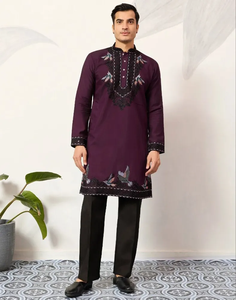 Wine Viscose Silk Embroidered Men's Kurta Pant With Dupatta - Image 2