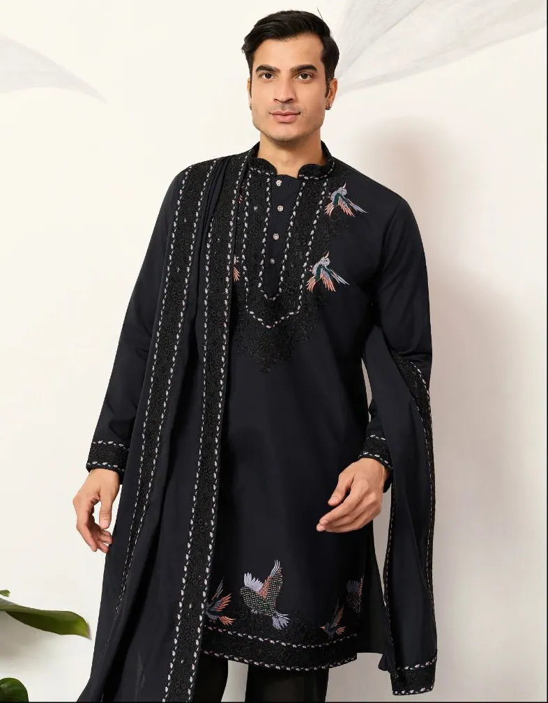 Navy Blue Viscose Silk Embroidered Men's Kurta Pant With Dupatta - Image 4