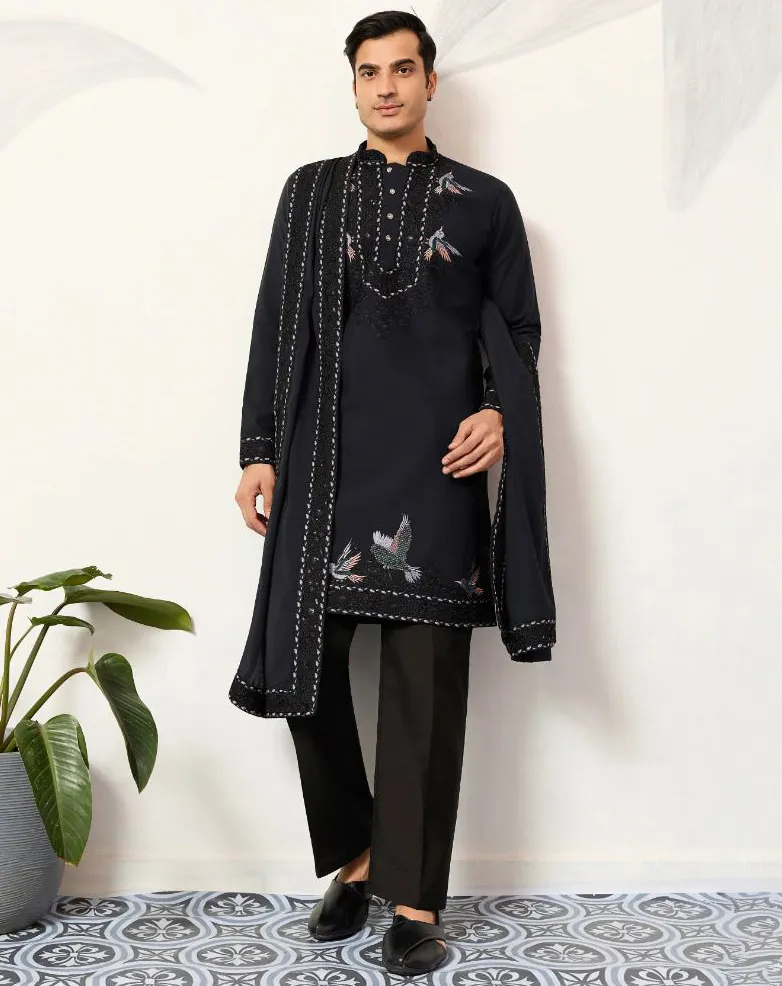 Navy Blue Viscose Silk Embroidered Men's Kurta Pant With Dupatta