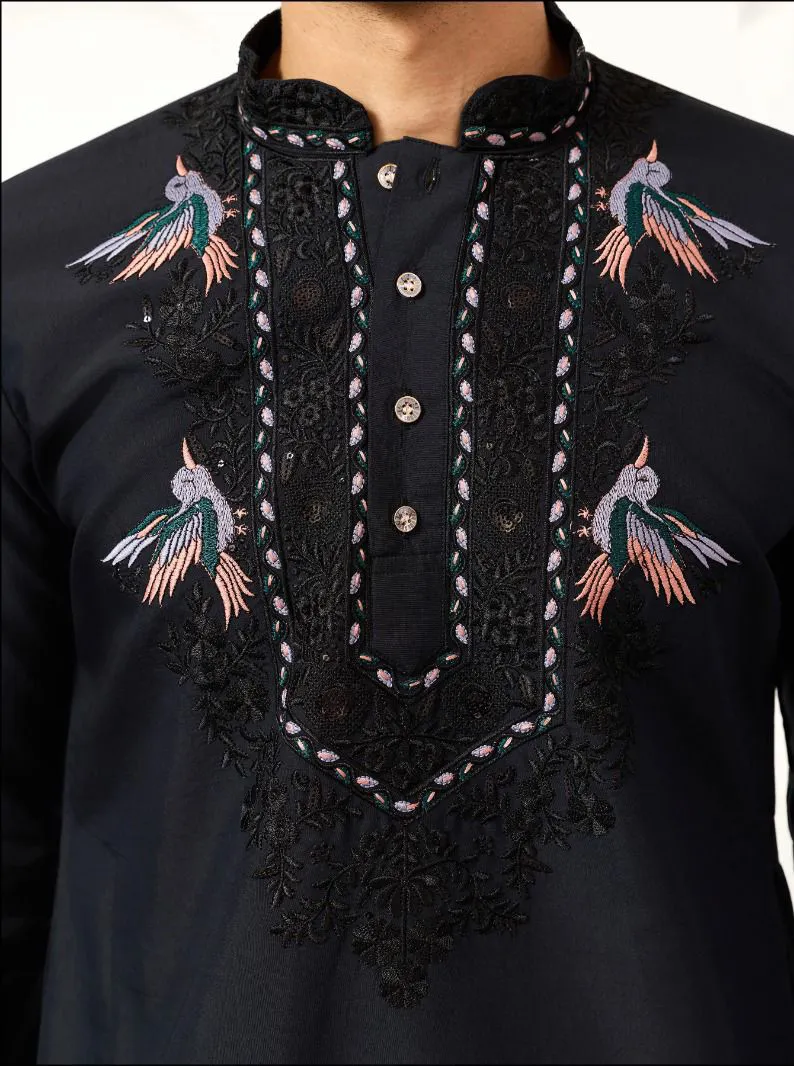 Navy Blue Viscose Silk Embroidered Men's Kurta Pant With Dupatta - Image 6