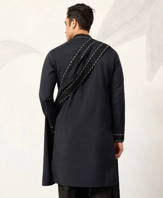 Navy Blue Viscose Silk Embroidered Men's Kurta Pant With Dupatta - Image 5