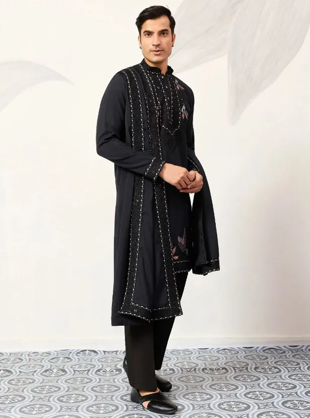 Navy Blue Viscose Silk Embroidered Men's Kurta Pant With Dupatta - Image 3