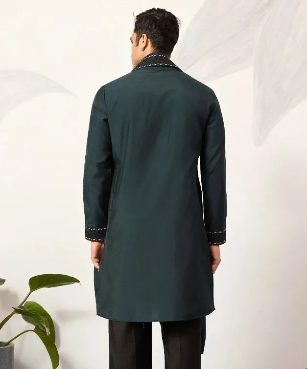 Green Viscose Silk Embroidered Men's Kurta Pant With Dupatta - Image 3