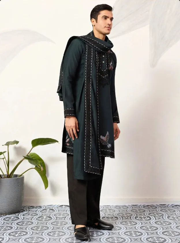Green Viscose Silk Embroidered Men's Kurta Pant With Dupatta - Image 2