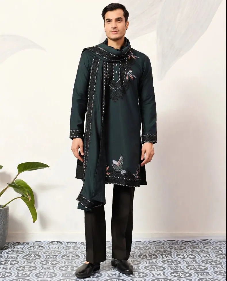 Green Viscose Silk Embroidered Men's Kurta Pant With Dupatta