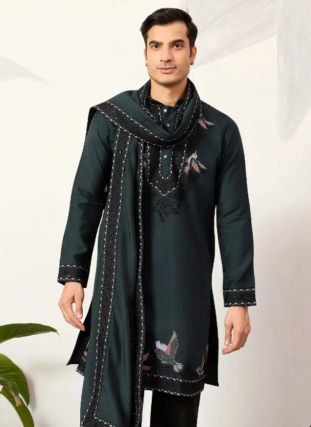 Green Viscose Silk Embroidered Men's Kurta Pant With Dupatta - Image 4