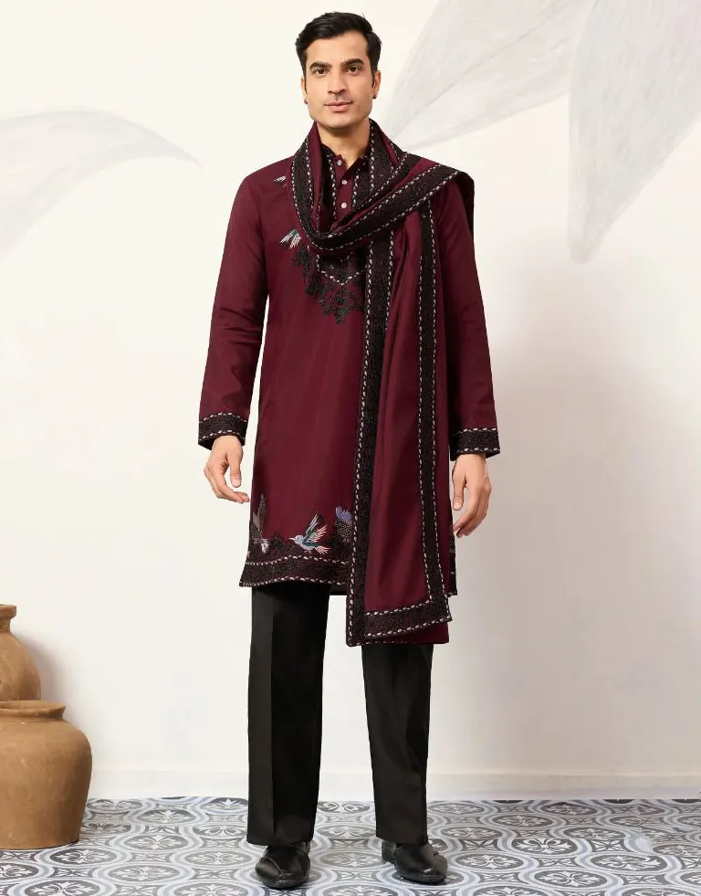 Maroon Viscose Silk Embroidered Men's Kurta Pant With Dupatta