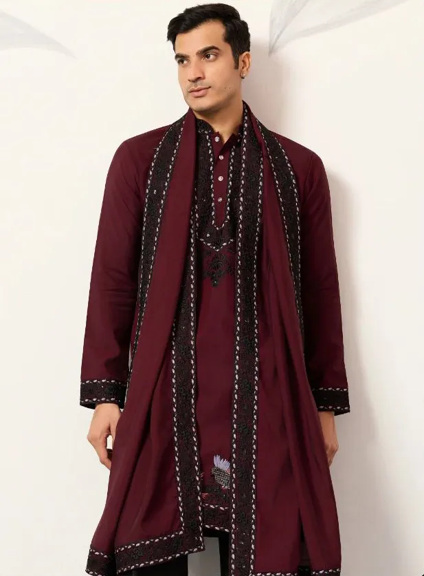 Maroon Viscose Silk Embroidered Men's Kurta Pant With Dupatta - Image 4