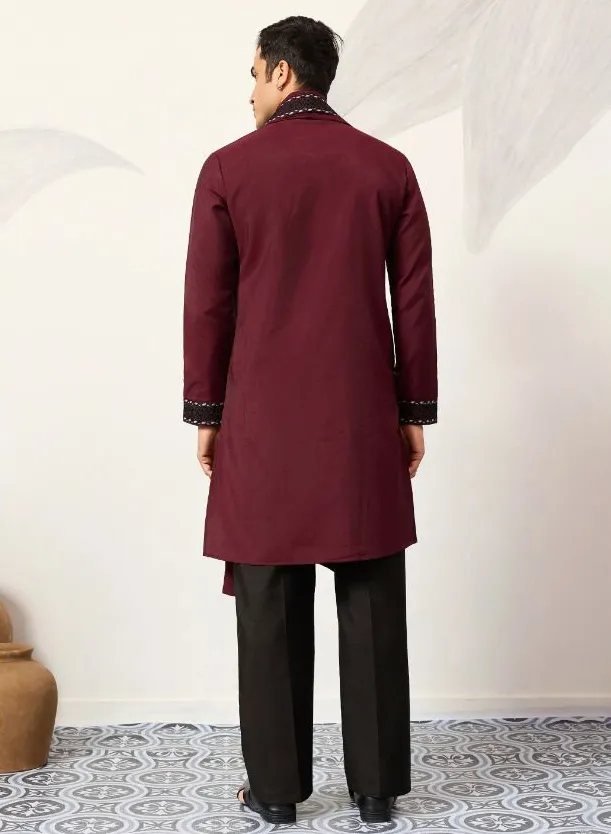 Maroon Viscose Silk Embroidered Men's Kurta Pant With Dupatta - Image 3