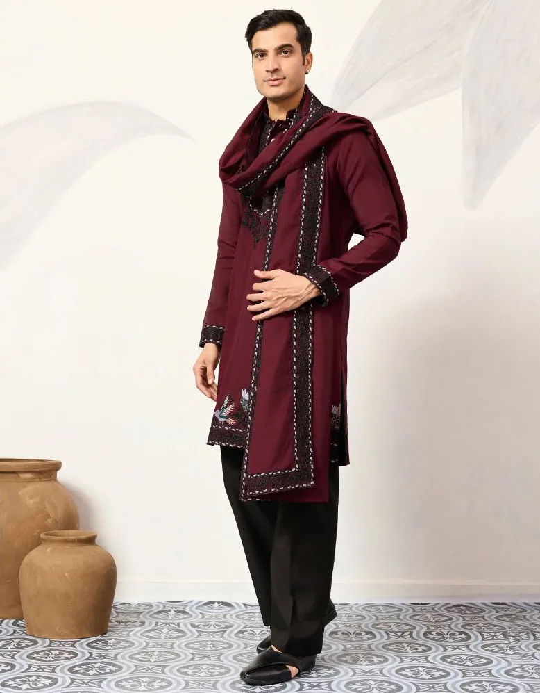 Maroon Viscose Silk Embroidered Men's Kurta Pant With Dupatta - Image 2