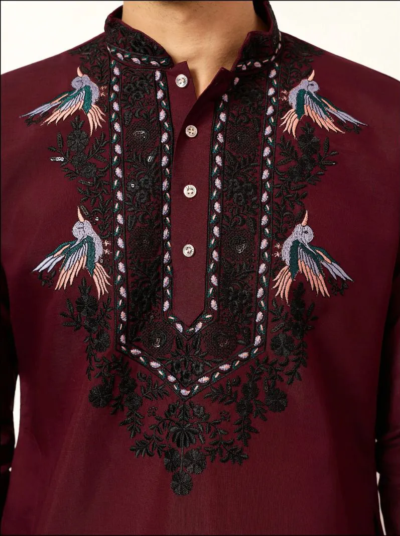 Maroon Viscose Silk Embroidered Men's Kurta Pant With Dupatta - Image 5