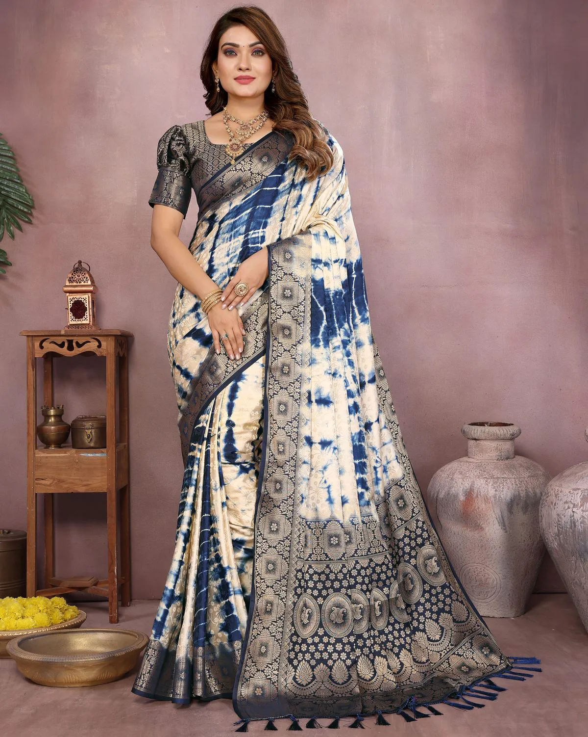 Blue Soft Satin Silk Shibori Work Zari Weaving Saree