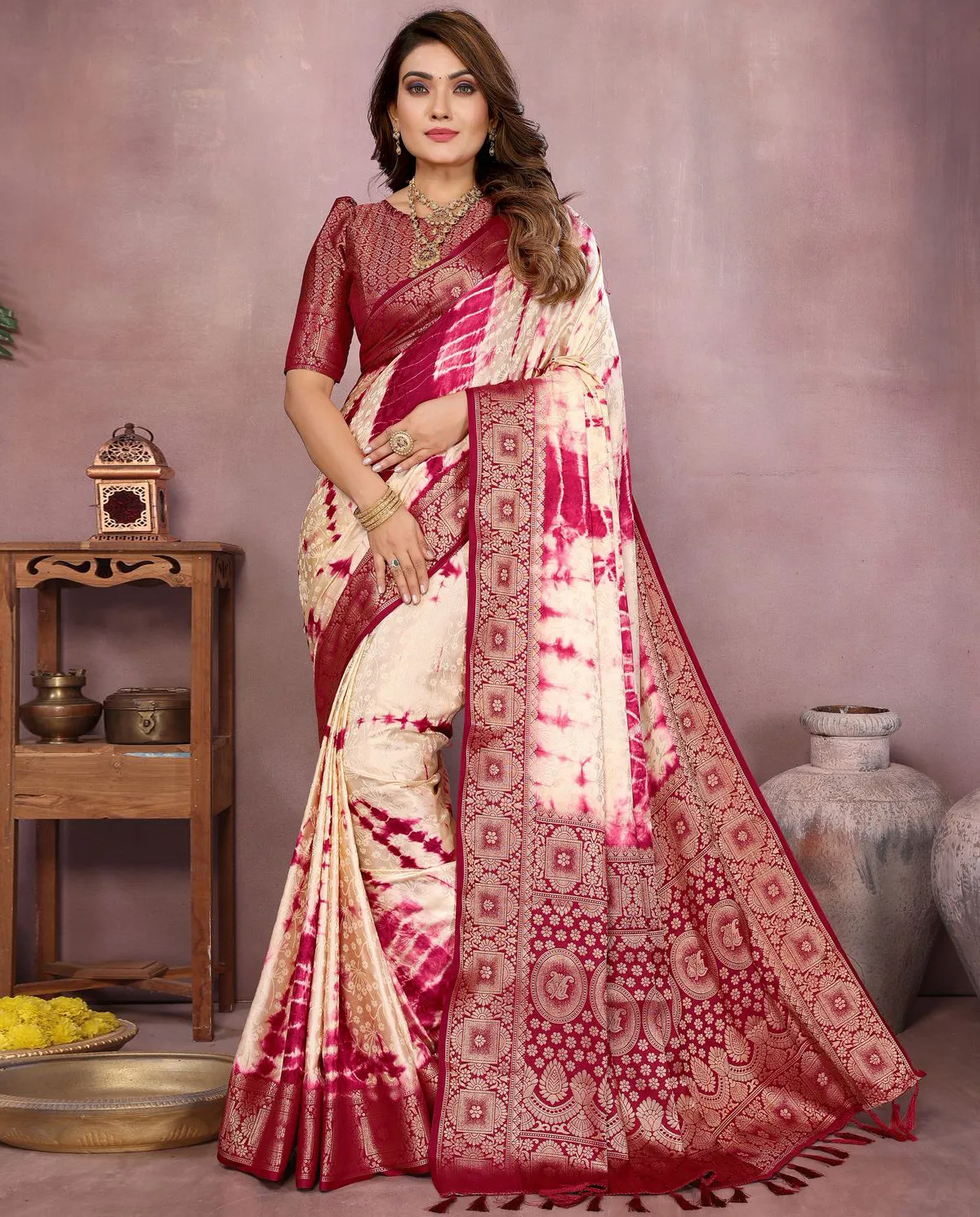 Maroon Soft Satin Silk Shibori Work Zari Weaving Saree