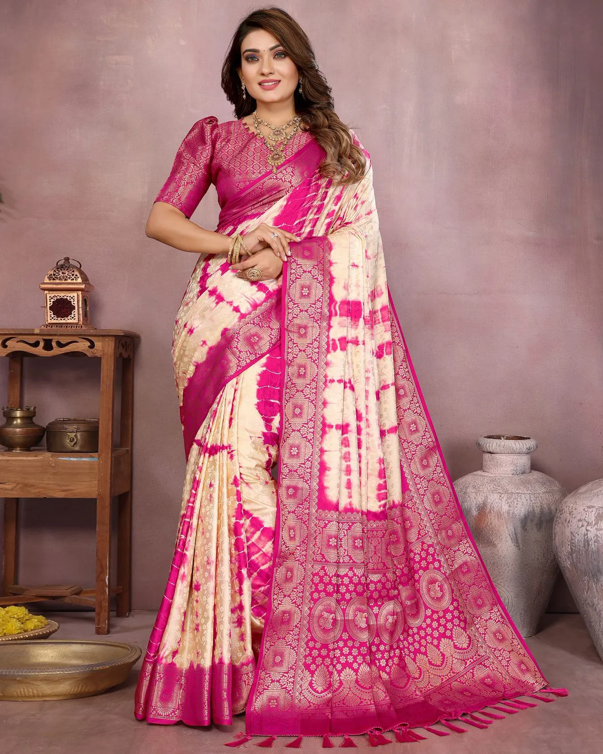 Pink Soft Satin Silk Shibori Work Zari Weaving Saree