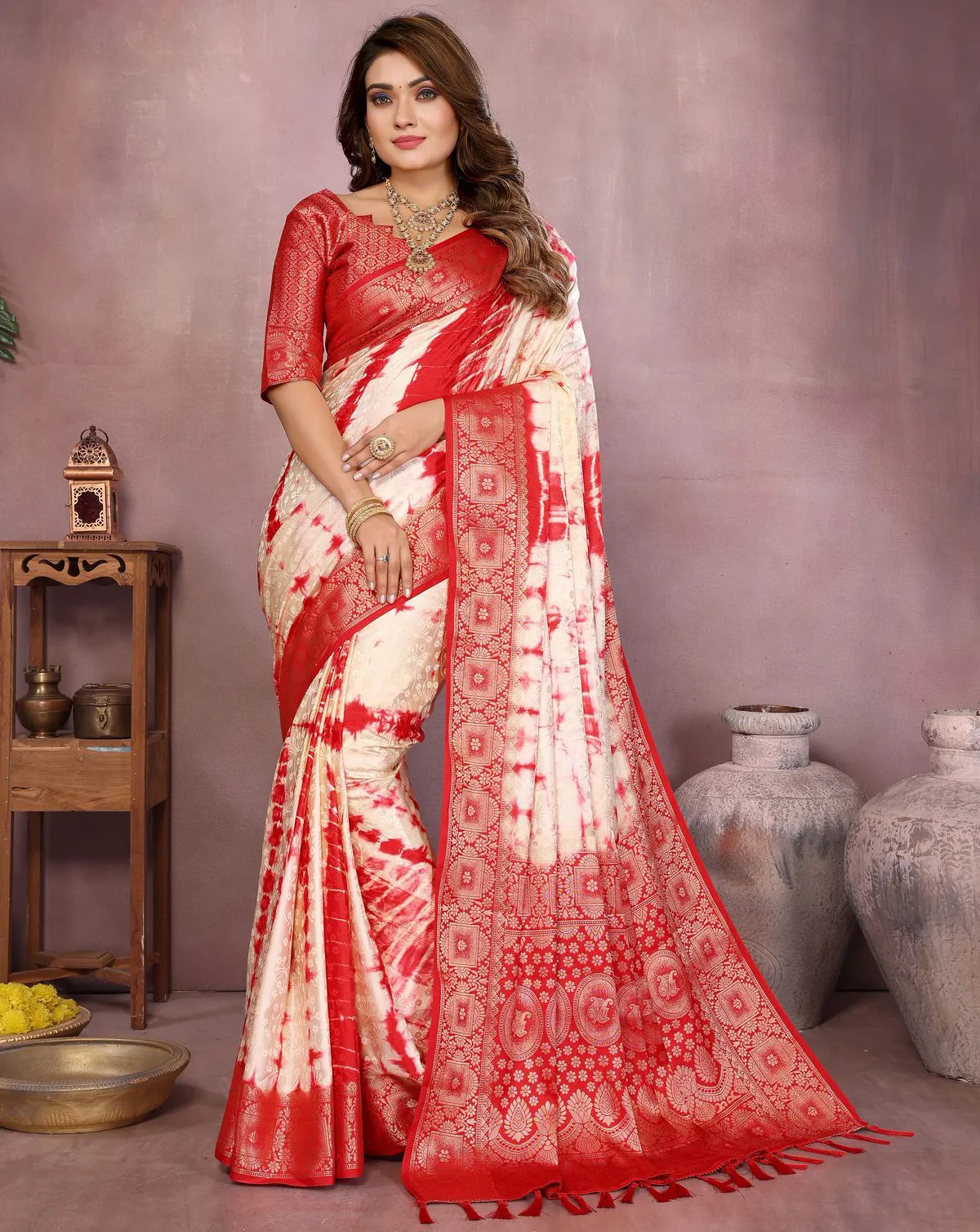 Red Soft Satin Silk Shibori Work Zari Weaving Saree