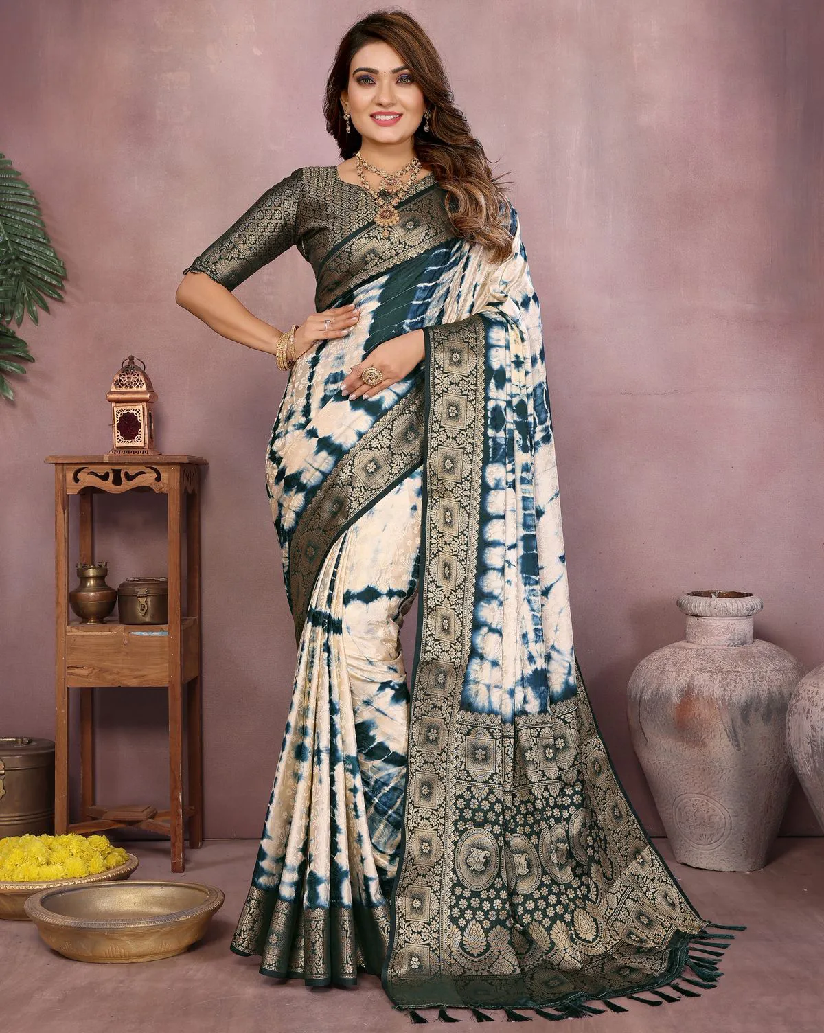 Teal Blue Soft Satin Silk Shibori Work Zari Weaving Saree