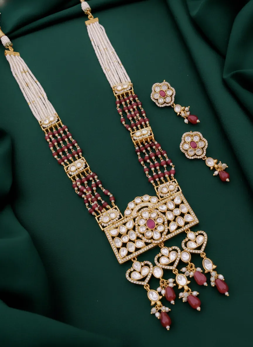 Exquisite Kundan & Ruby Long Necklace Set with Seed Pearl Earrings