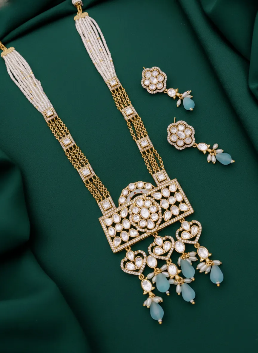Exquisite Handcrafted Kundan Long Necklace Set with Seed Pearl Strands and Matching Earrings