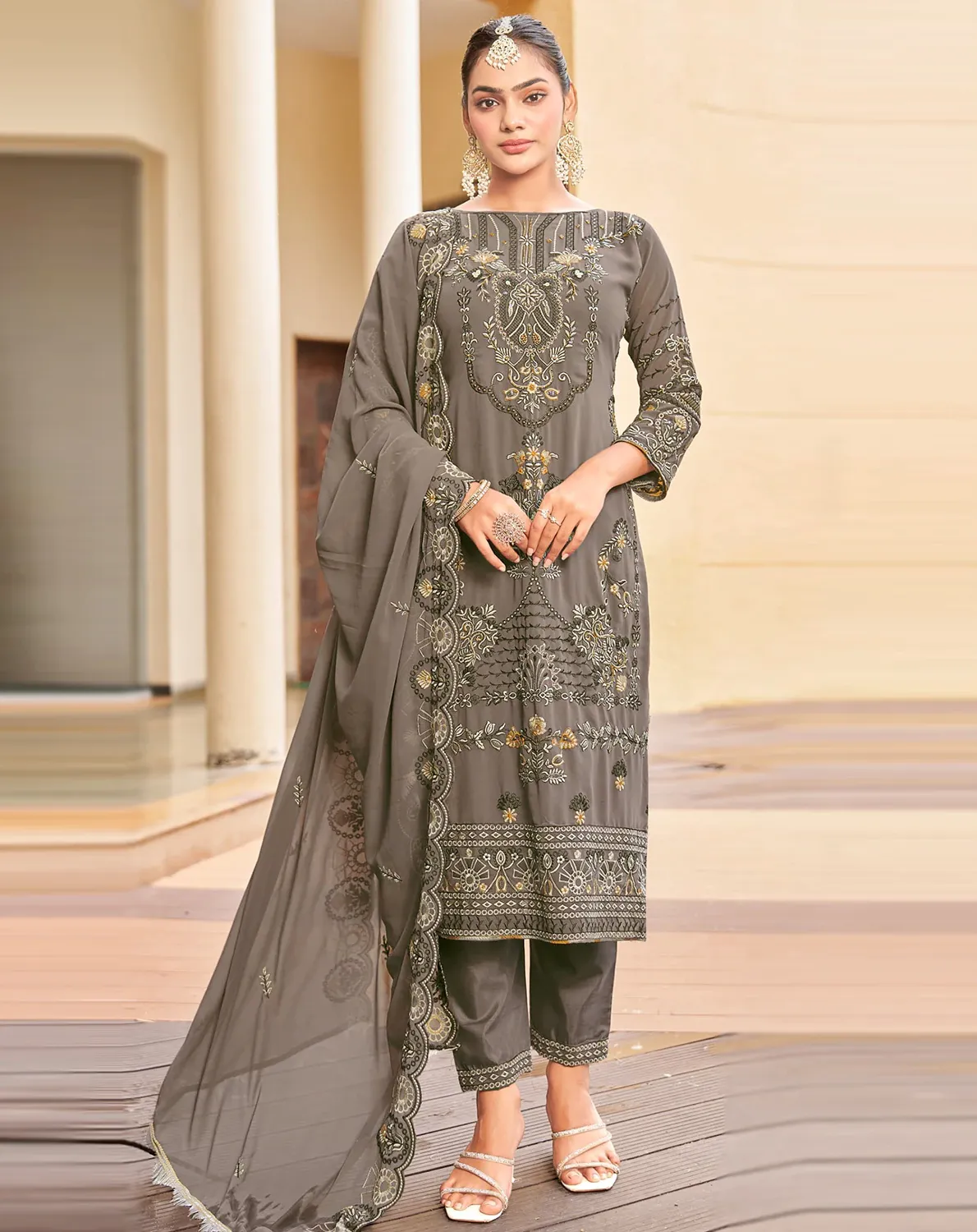 Brown Heavy Faux Georgette Embroidery Work Pakistani Suit