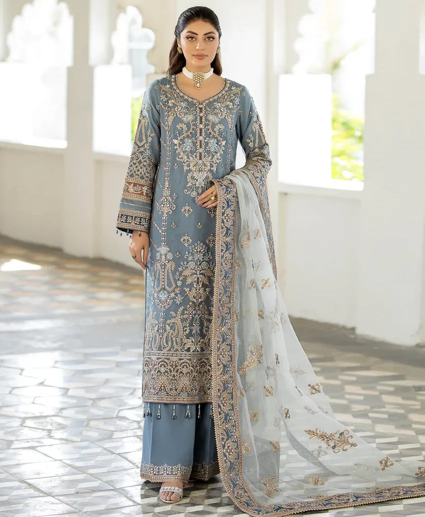 Grey Heavy Faux Georgette Khatli Work Pakistani Salwar Kameez