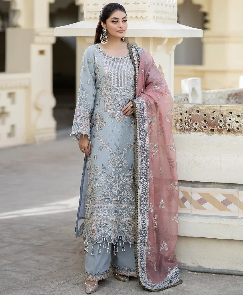 Light Blue Heavy Faux Georgette Khatli Work Pakistani Salwar Kameez