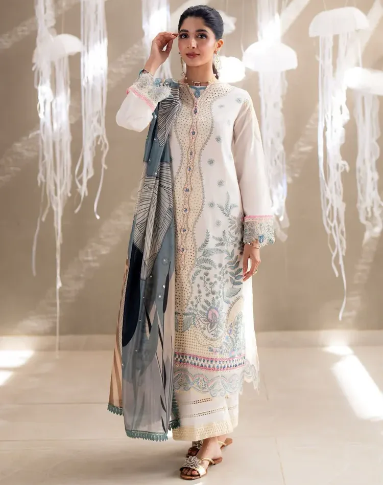 White Cambric Cotton Heavy Embroidered Pakistani Suit