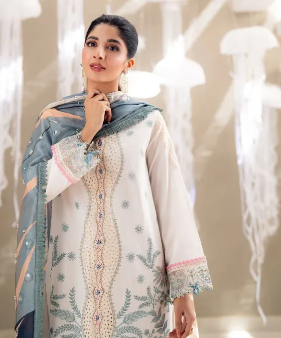 White Cambric Cotton Heavy Embroidered Pakistani Suit - Image 2