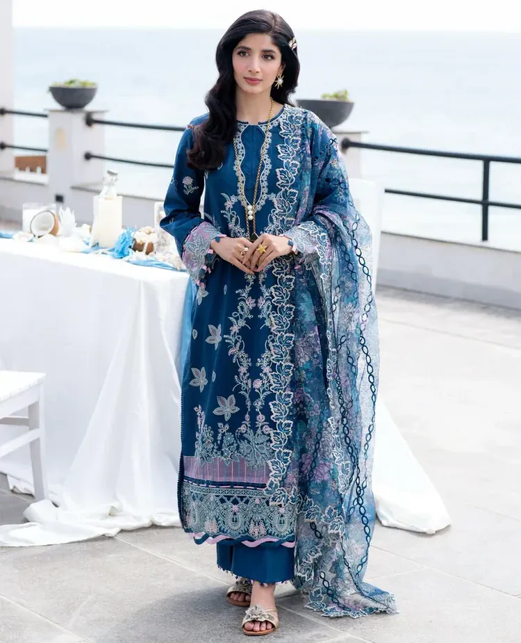 Blue Cambric Cotton Heavy Embroidered Pakistani Suit