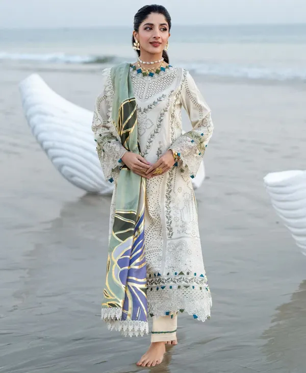 White Cambric Cotton Heavy Embroidered Pakistani Salwar Kameez