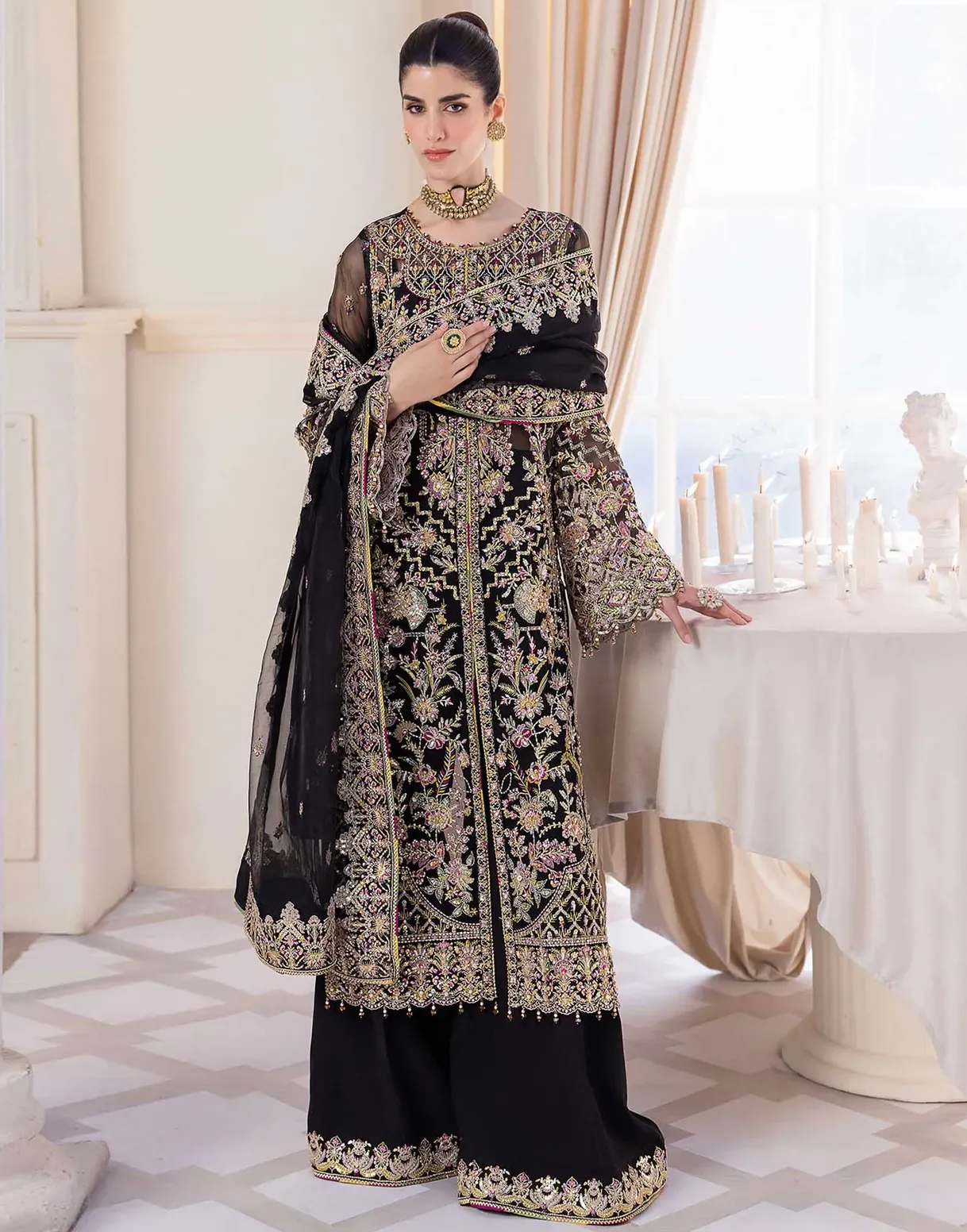 Black Heavy Faux Georgette Khatli Work Pakistani Salwar Kameez